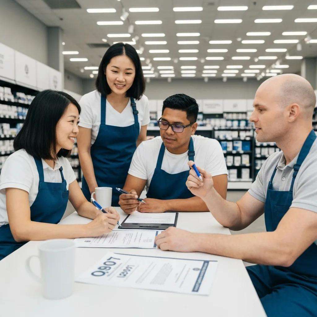 Team discussing ISO 9001 certification in a retail setting