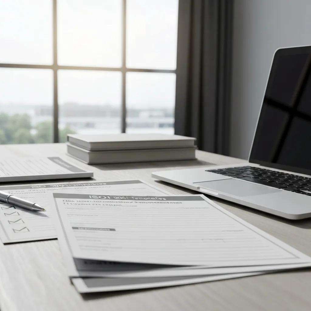Organized desk with ISO 9001 templates and checklist for audit preparation