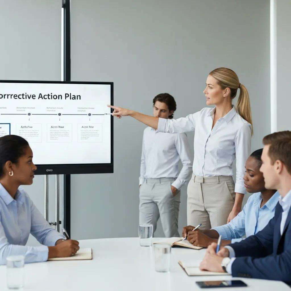 A project manager presenting a corrective action plan during a meeting