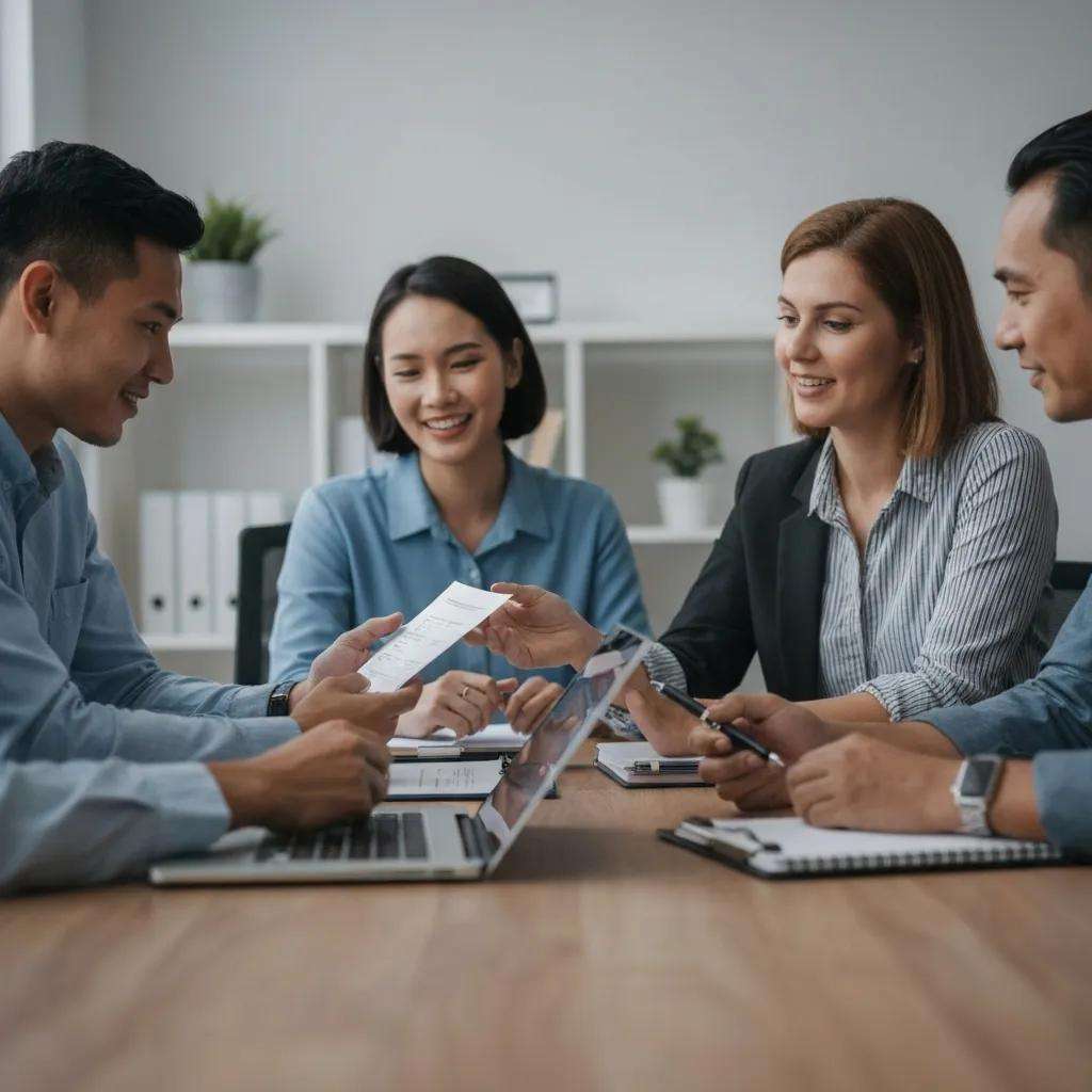 Group of professionals collaborating around a table, discussing documents and digital devices, reflecting strategic planning for business performance and ISO certification solutions.