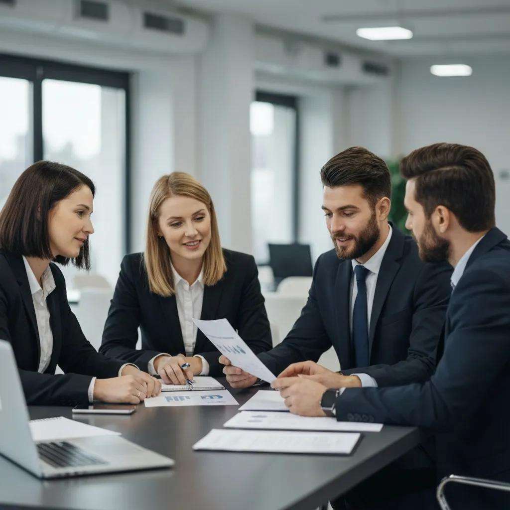 Business professionals collaborating on ISO 9001 certification in a modern office
