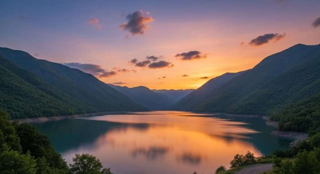 a vibrant sunset illuminates a tranquil lake surrounded by lush mountains, reflecting a stunning palette of oranges, pinks, and purples that evokes a sense of serenity and wonder.