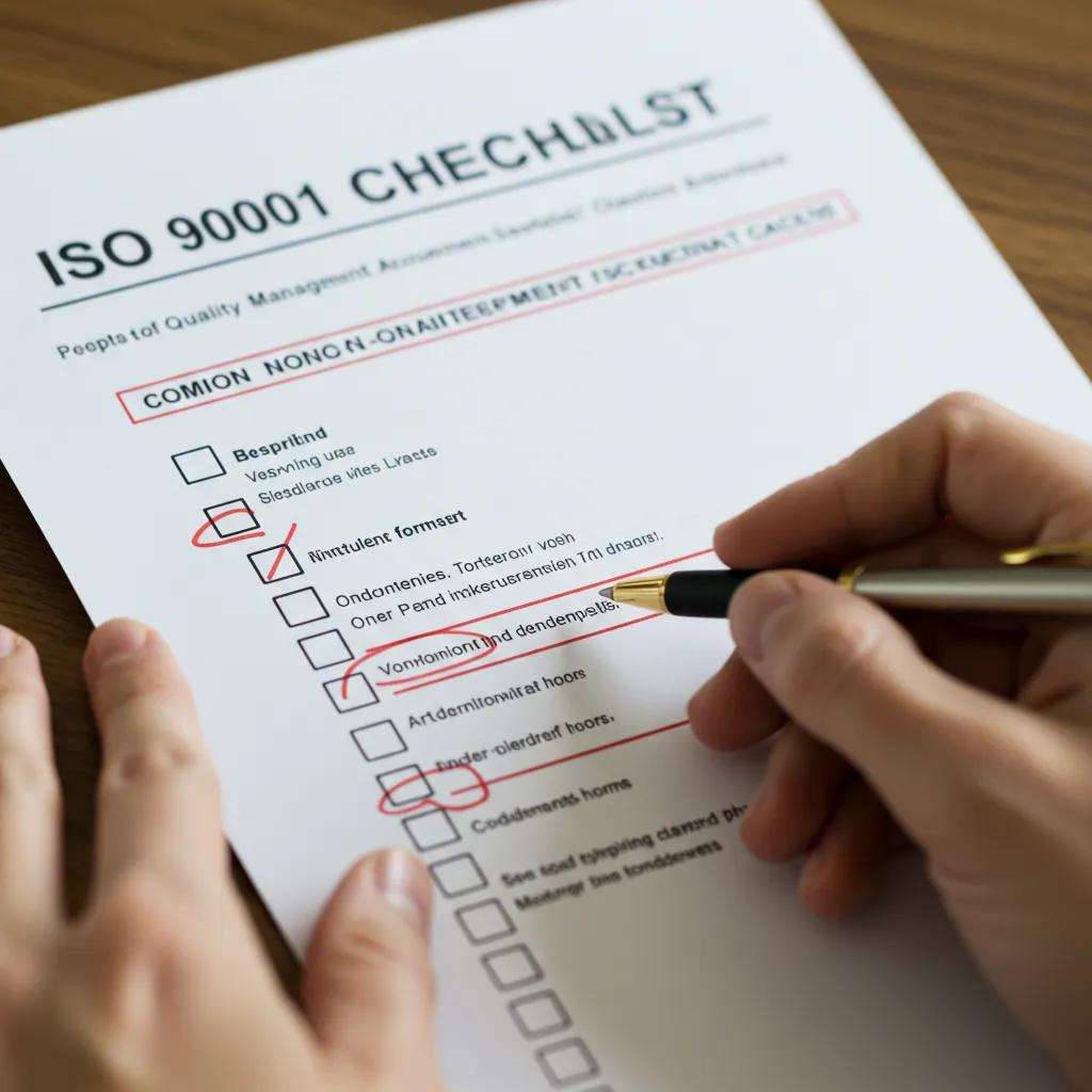 A close-up view of an ISO 9001 quality management checklist, with common nonconformities highlighted