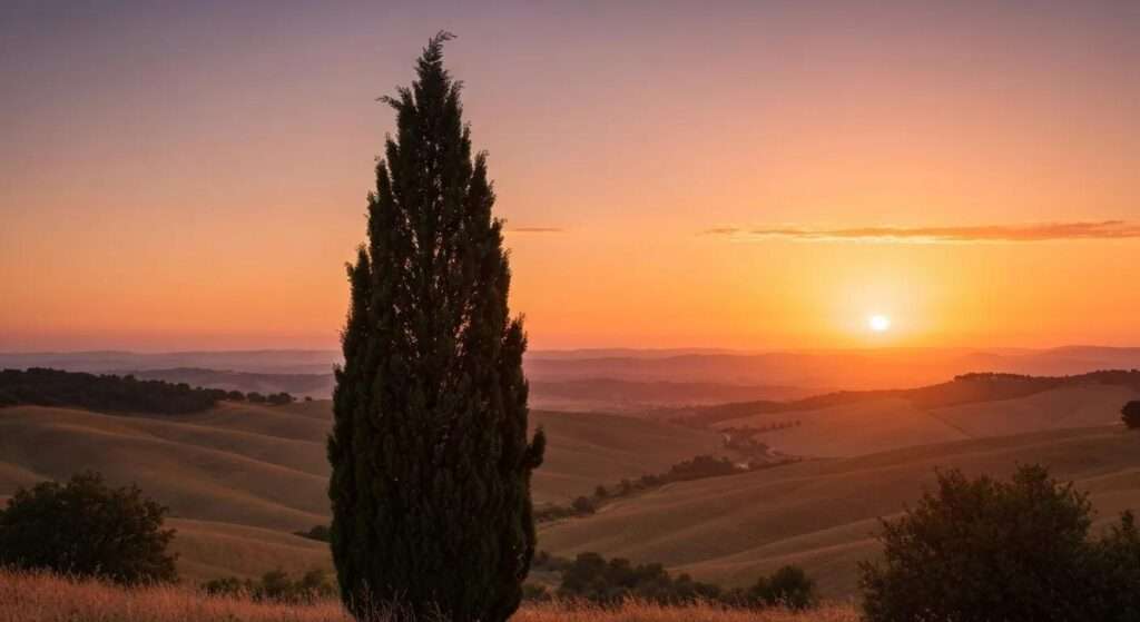 a vibrant sunset casts a golden hue over rolling hills, as a solitary tree stands majestically against the sky, embodying tranquility and solitude.
