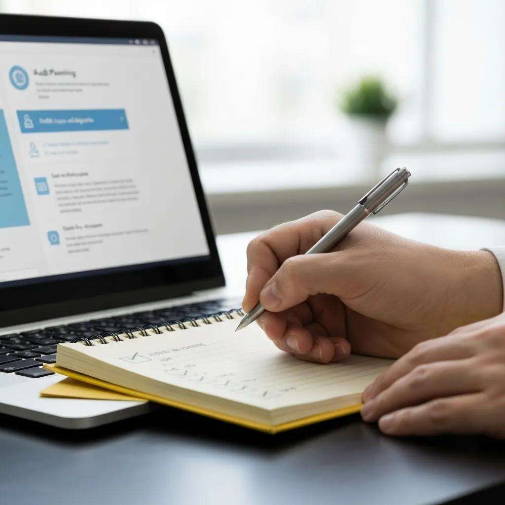 Close-up of audit planning checklist and laptop in an office setting