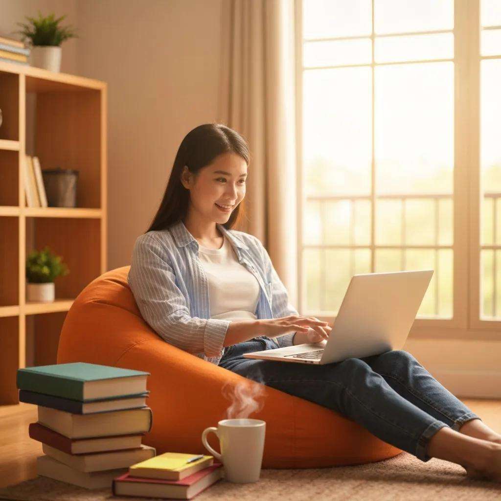 Individual studying ISO 9001 online training materials in a cozy home environment, showcasing flexibility and accessibility