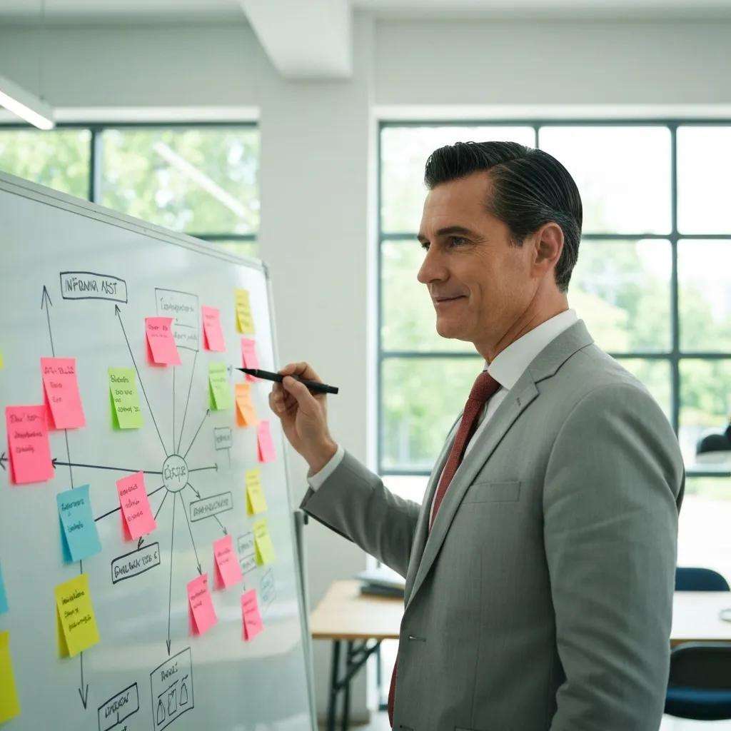 Project manager defining ISO 27001 project scope with diagrams and sticky notes