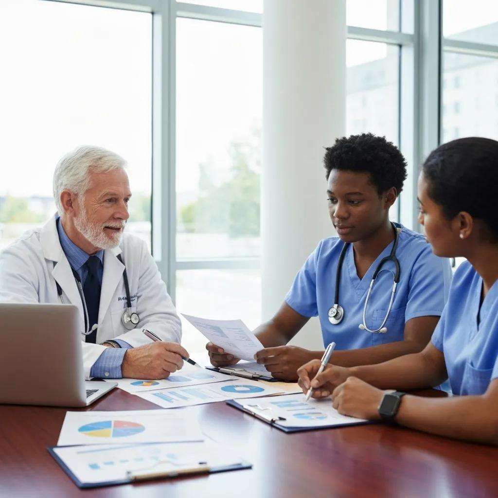 Healthcare team discussing ISO 9001 quality management standards in a meeting