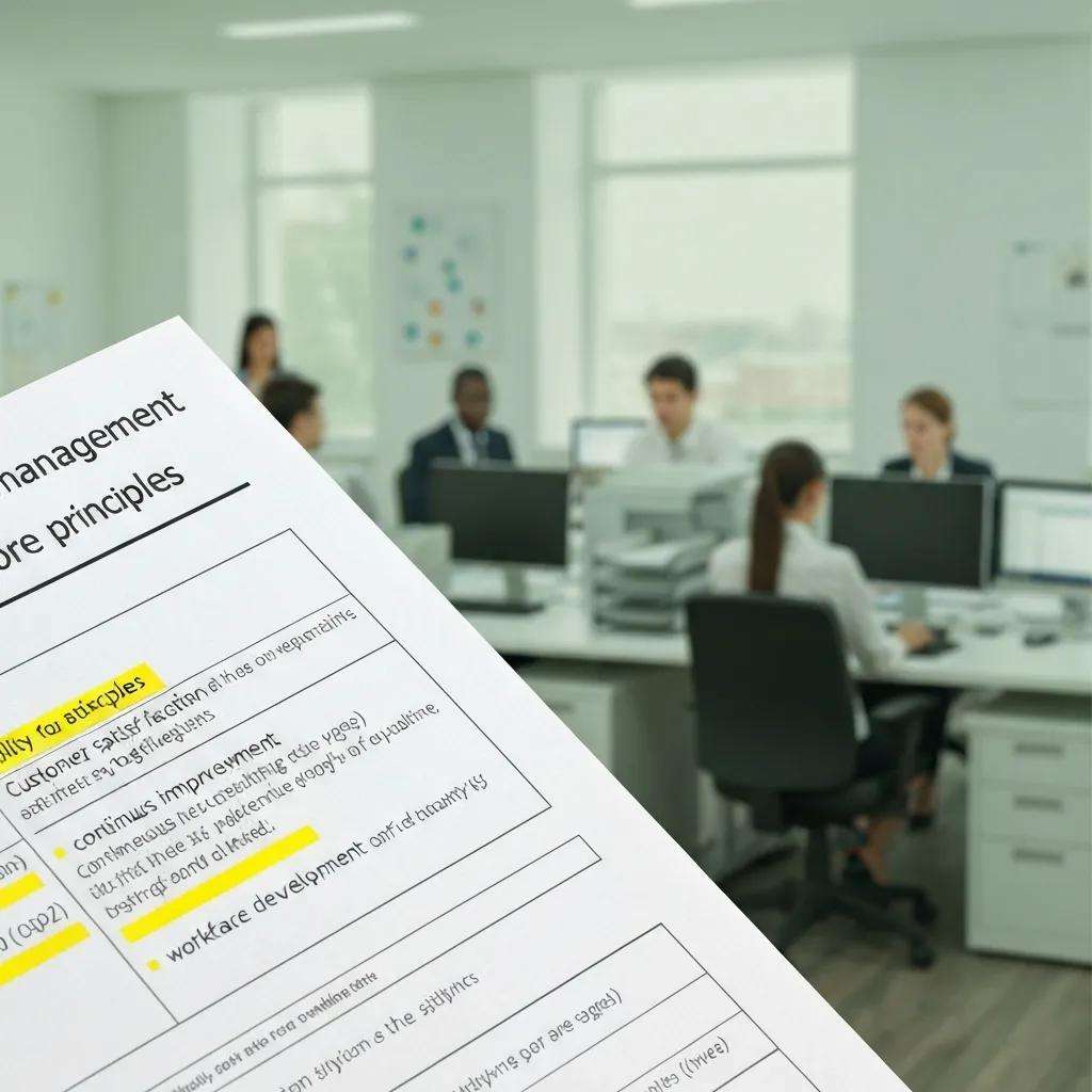 Close-up of ISO 9001 quality management system document highlighting core principles