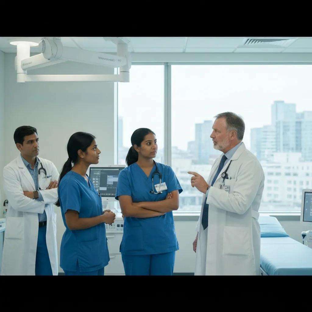 Healthcare providers collaborating on ISO certifications in a modern hospital setting