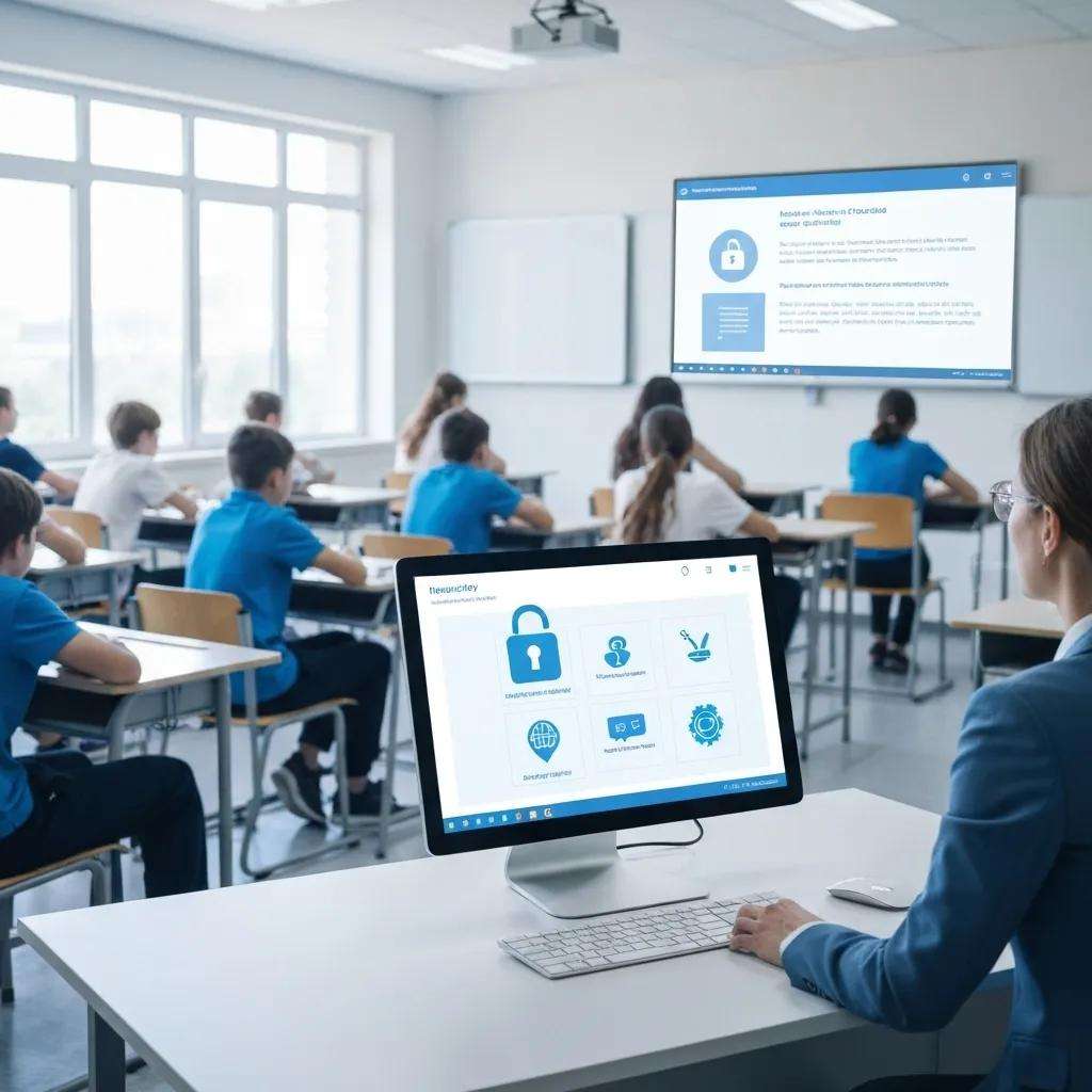 Secure digital environment with data protection symbols, illustrating ISO 27001's role in safeguarding student information