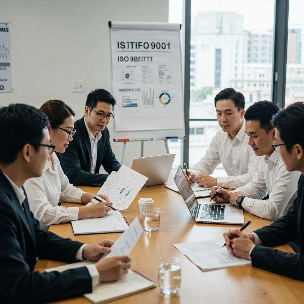 A certification audit meeting where ISO 9001 standards are being discussed