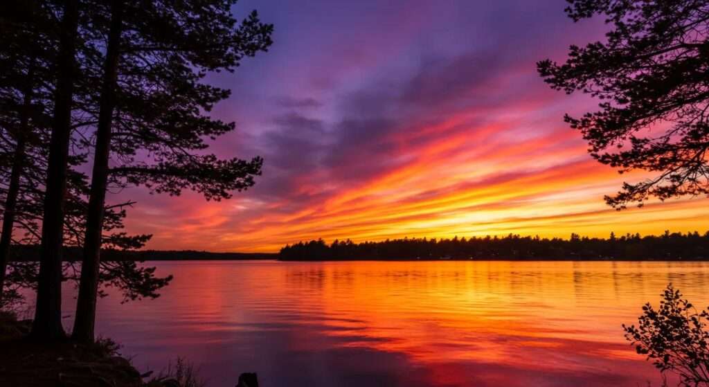 a stunning landscape showcases a vibrant sunset over a tranquil lake, with silhouetted trees framing the reflective water, casting a serene and captivating atmosphere.