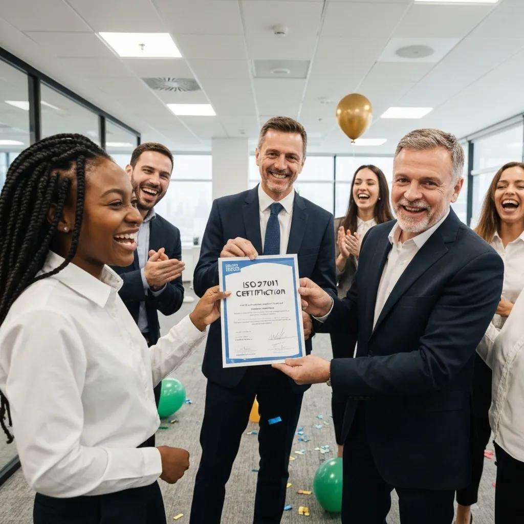 Business team celebrating the achievement of ISO 27001 certification