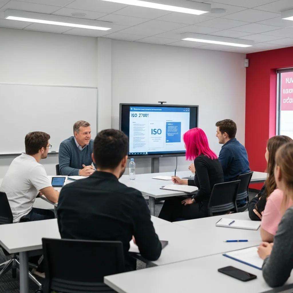 Employees engaged in an ISO 27001 training workshop with a facilitator