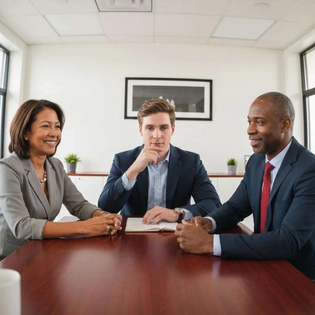 Business professionals collaborating on ISO 27001 certification in a modern office