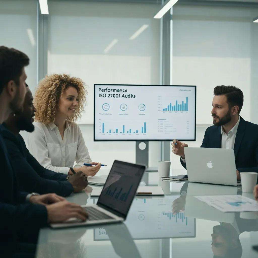Team collaborating on ISO 27001 audit performance metrics in a modern office
