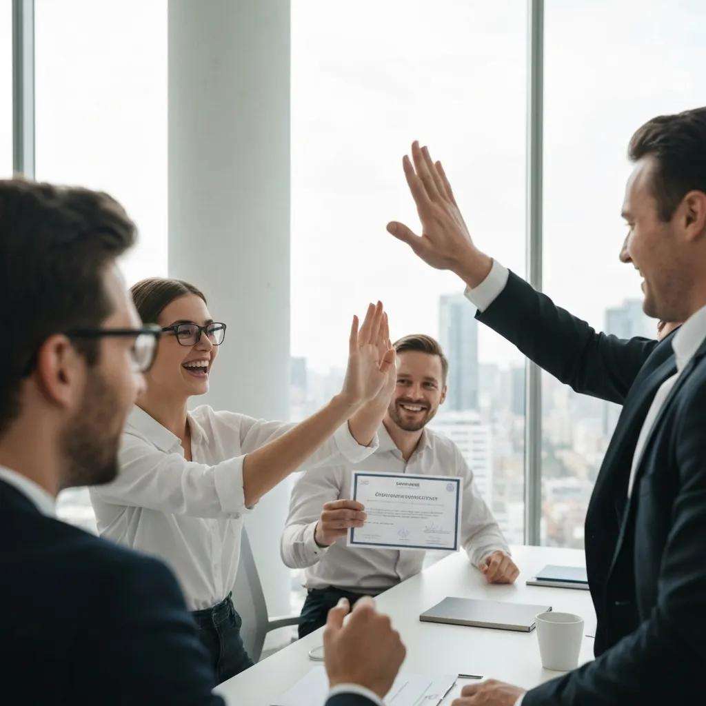 Business team celebrating the achievement of accredited certification in a modern office setting