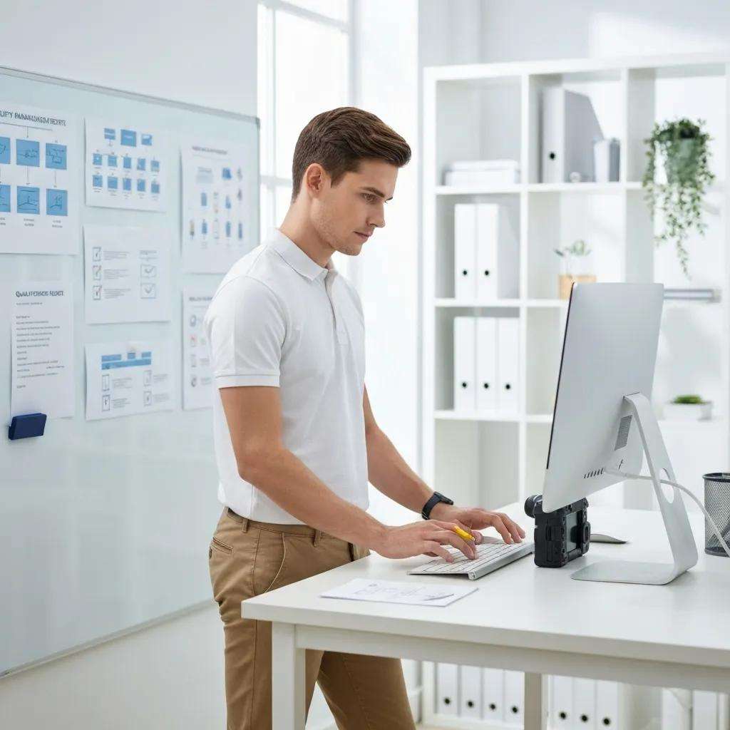 Employee updating quality management system documents in a retail office