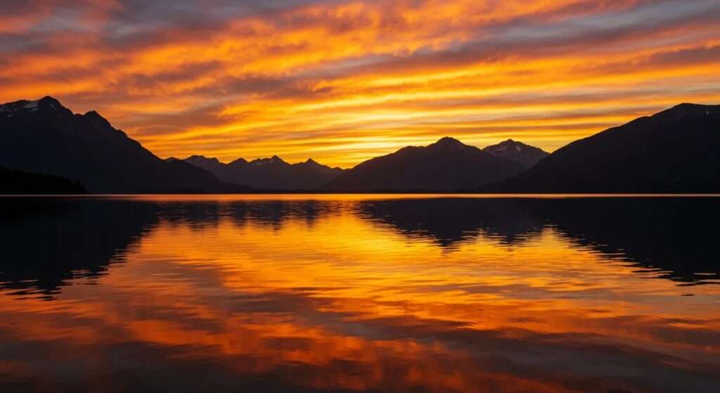 a vibrant sunset casts a golden glow over a tranquil lake, where mirrored reflections of majestic mountains create a serene and captivating landscape.