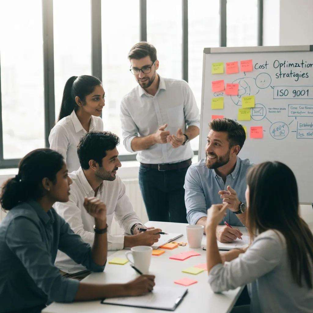 Team brainstorming cost optimization strategies for ISO 9001 certification in a modern workspace