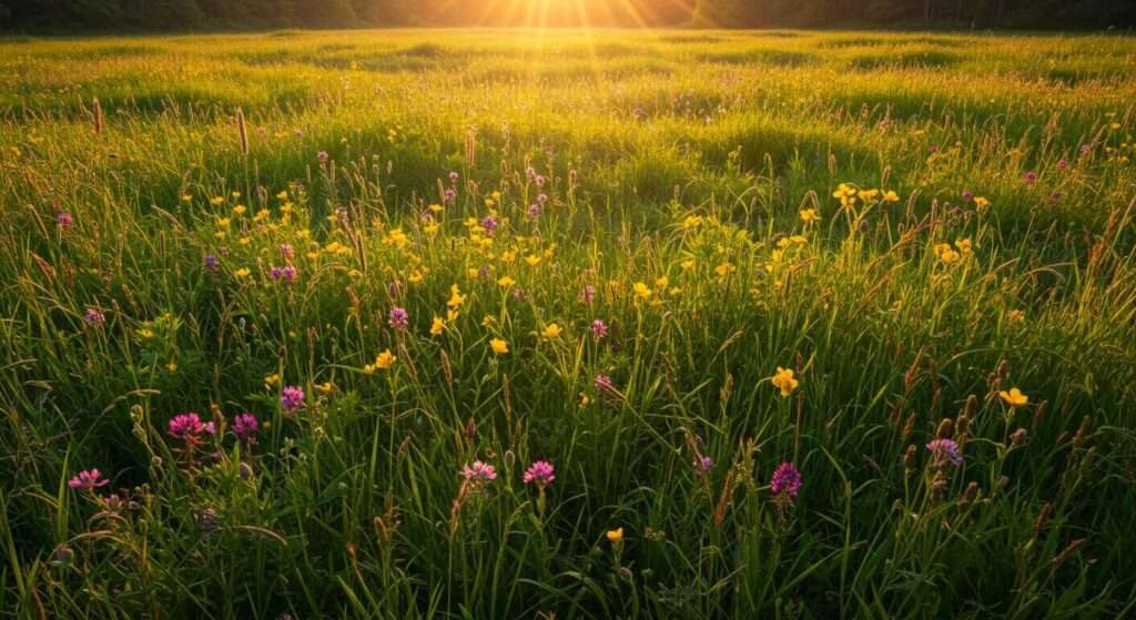 a serene, sunlit meadow blanketed with vibrant wildflowers, where the golden light casts a warm glow over the lush greenery and the gentle breeze creates a soft, rippling effect throughout the landscape.