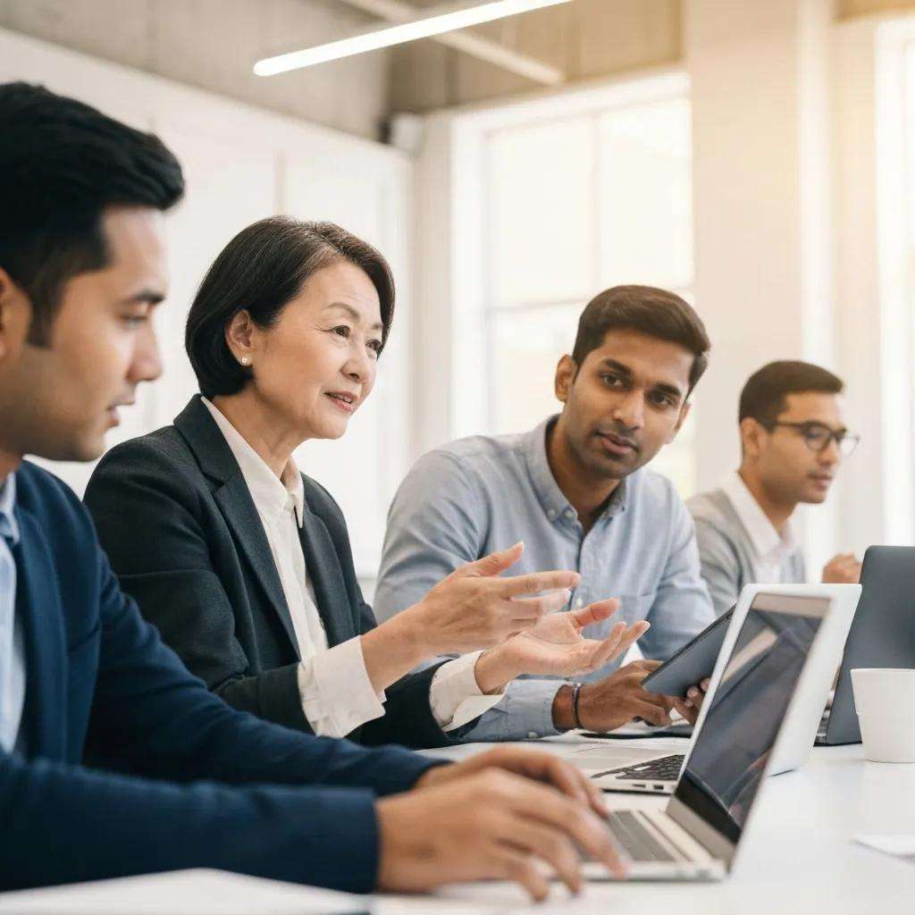 Service providers collaborating on ISO 9001 certification in a modern office