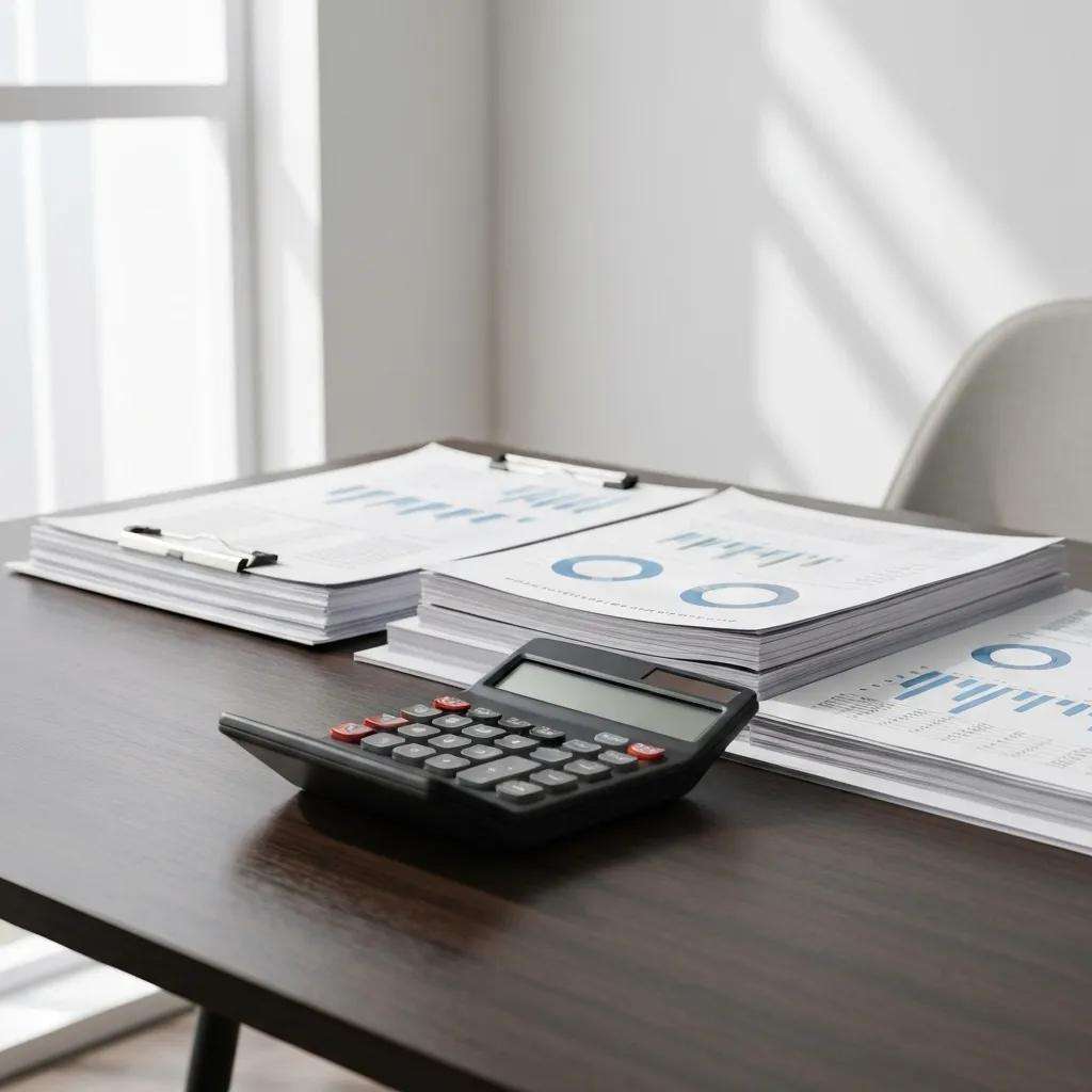 Calculator and financial documents representing ISO 9001 consulting fees analysis