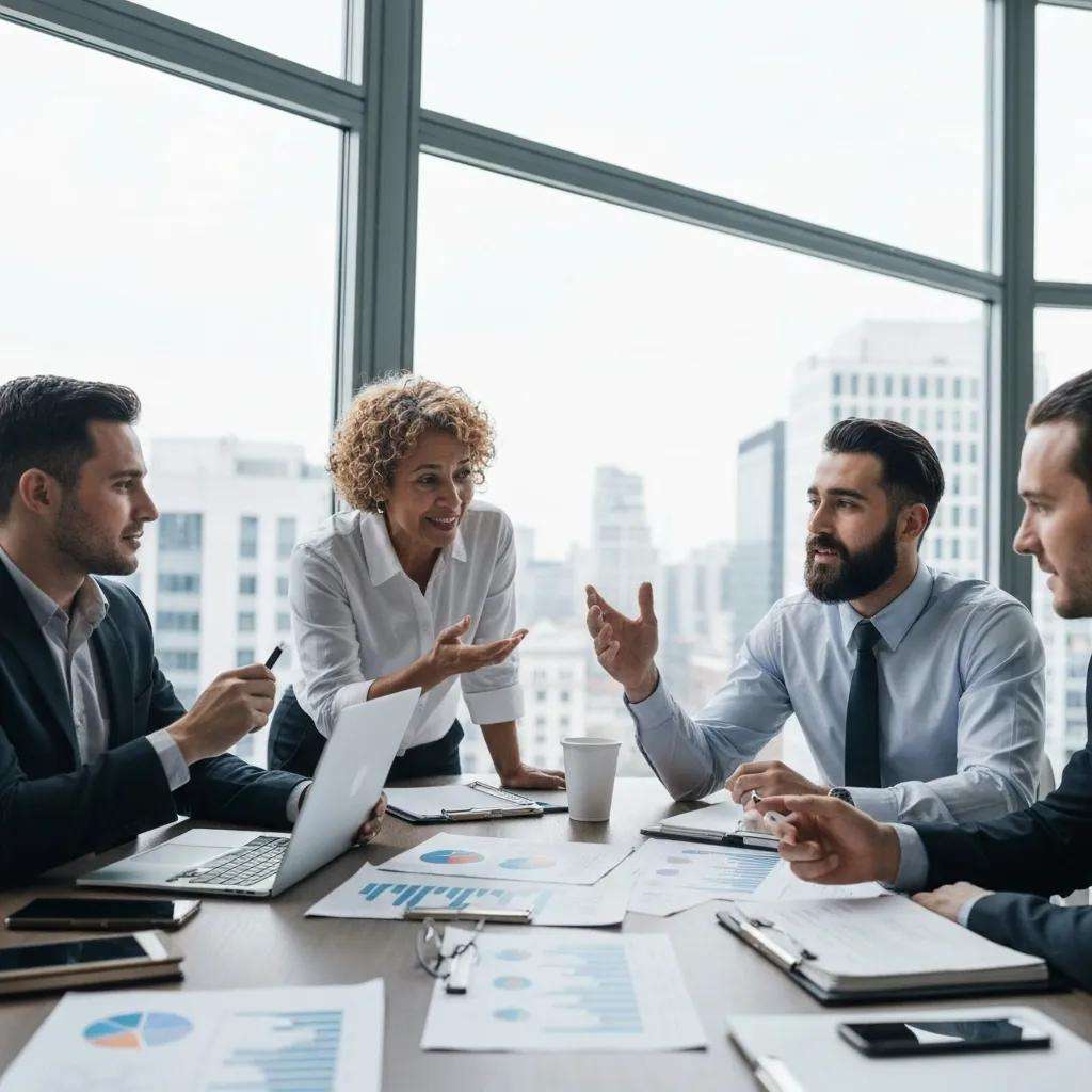 Professionals discussing factors influencing ISO 9001 certification costs in a modern office