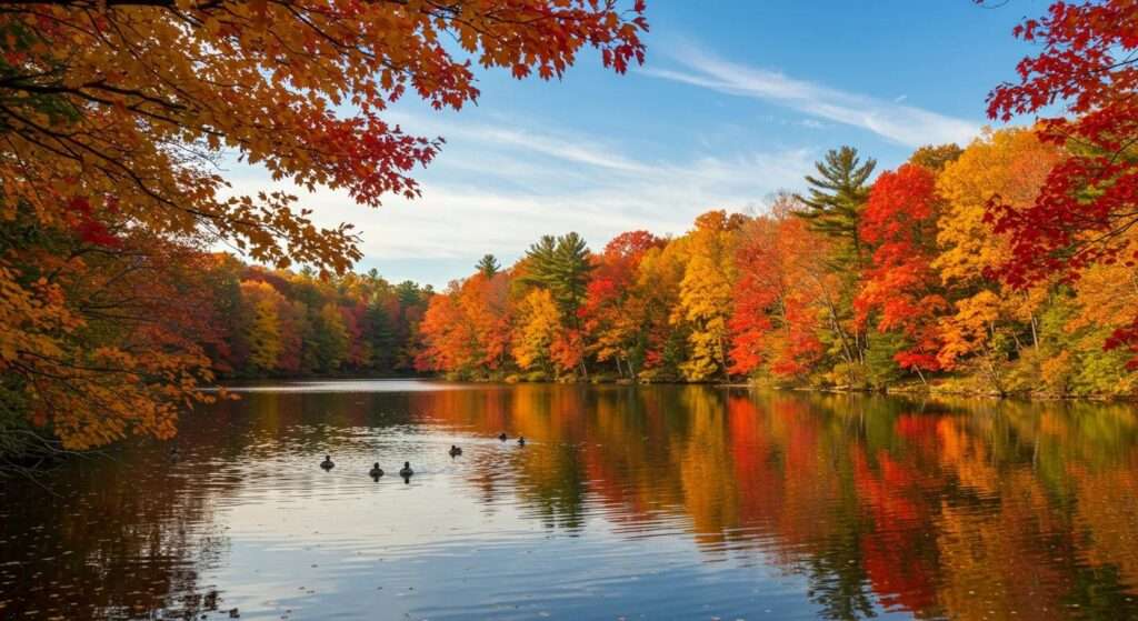 a vibrant autumn landscape showcases a serene lake reflecting fiery red and golden foliage under a crisp blue sky, evoking a sense of tranquility and wonder.
