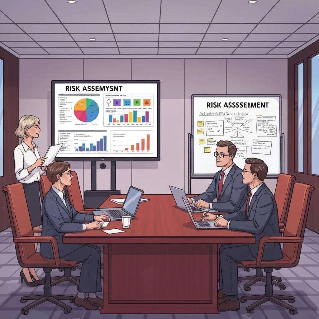 Team conducting a risk assessment in a conference room with risk analysis visuals
