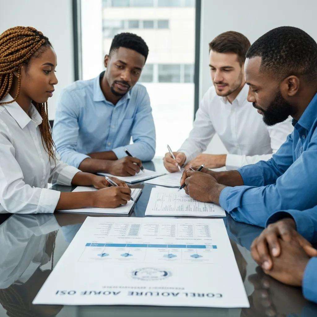 Automotive professionals collaborating on ISO certification process with documents and project timeline