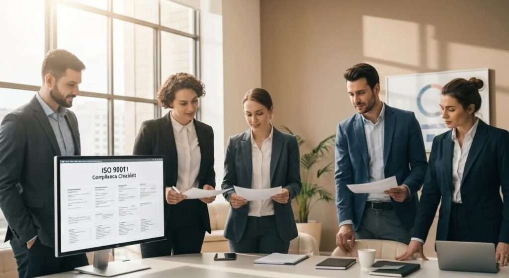 Team reviewing ISO 9001 compliance checklist in a modern office
