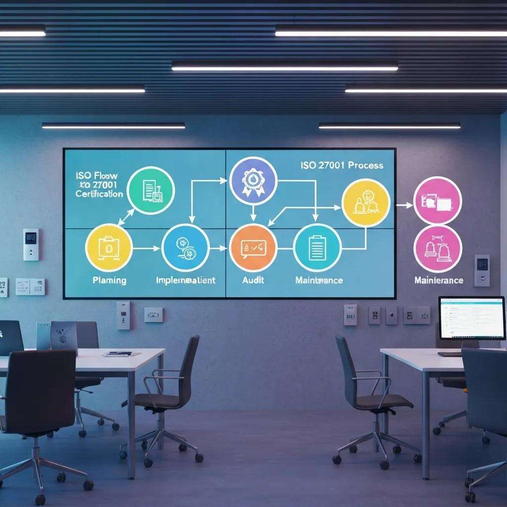Flowchart of ISO 27001 certification process stages displayed on a digital screen in a modern office