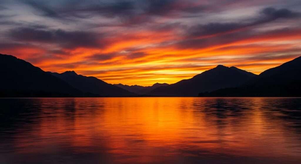 a majestic sunset casts vibrant hues of orange and pink over a tranquil lake, reflecting the serene beauty of nature with towering mountains silhouetted against the glowing sky.