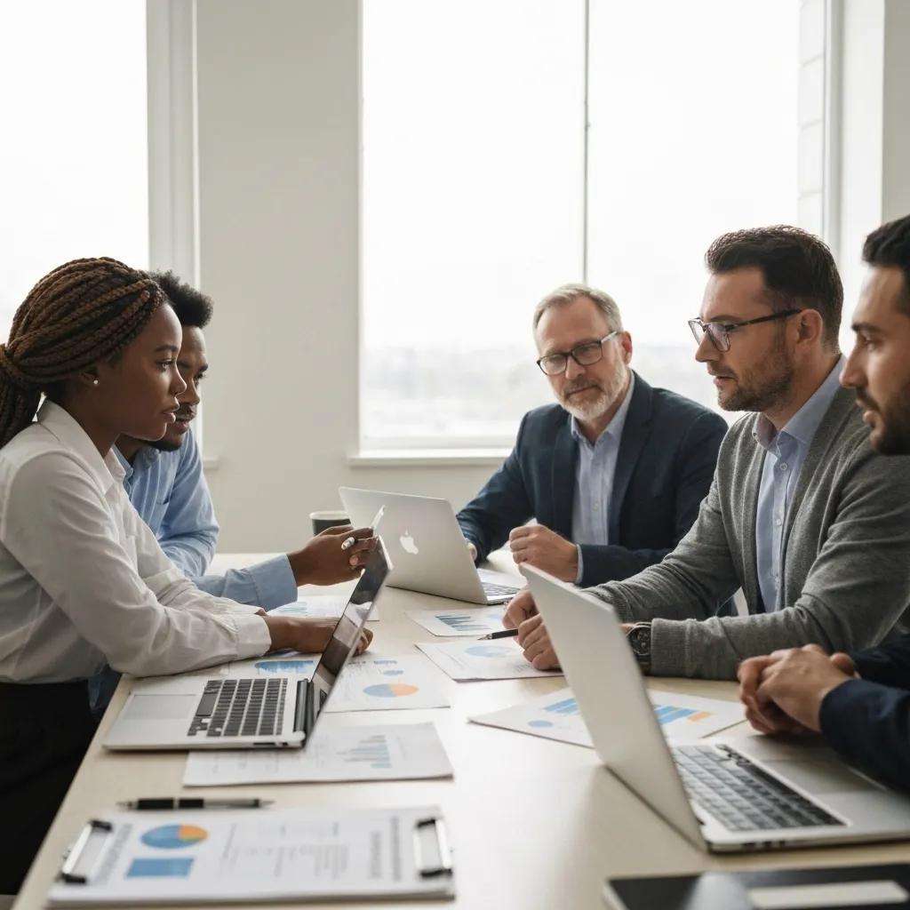 Team of auditors discussing ISO 27001 internal audit processes in a modern office setting