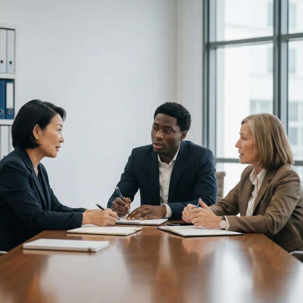 Business consultants discussing ISO 9001 certification in a modern office setting