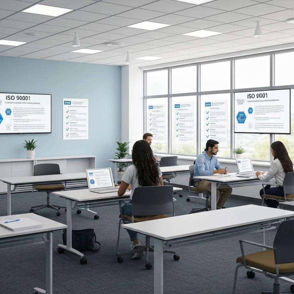 Standardised ISO 9001 quality management training materials presented in a professional training room environment