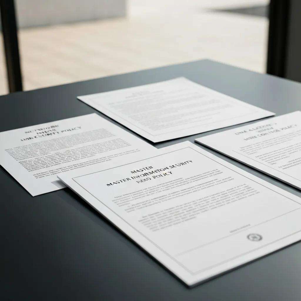 Documents representing ISO 27001 security policies on a desk