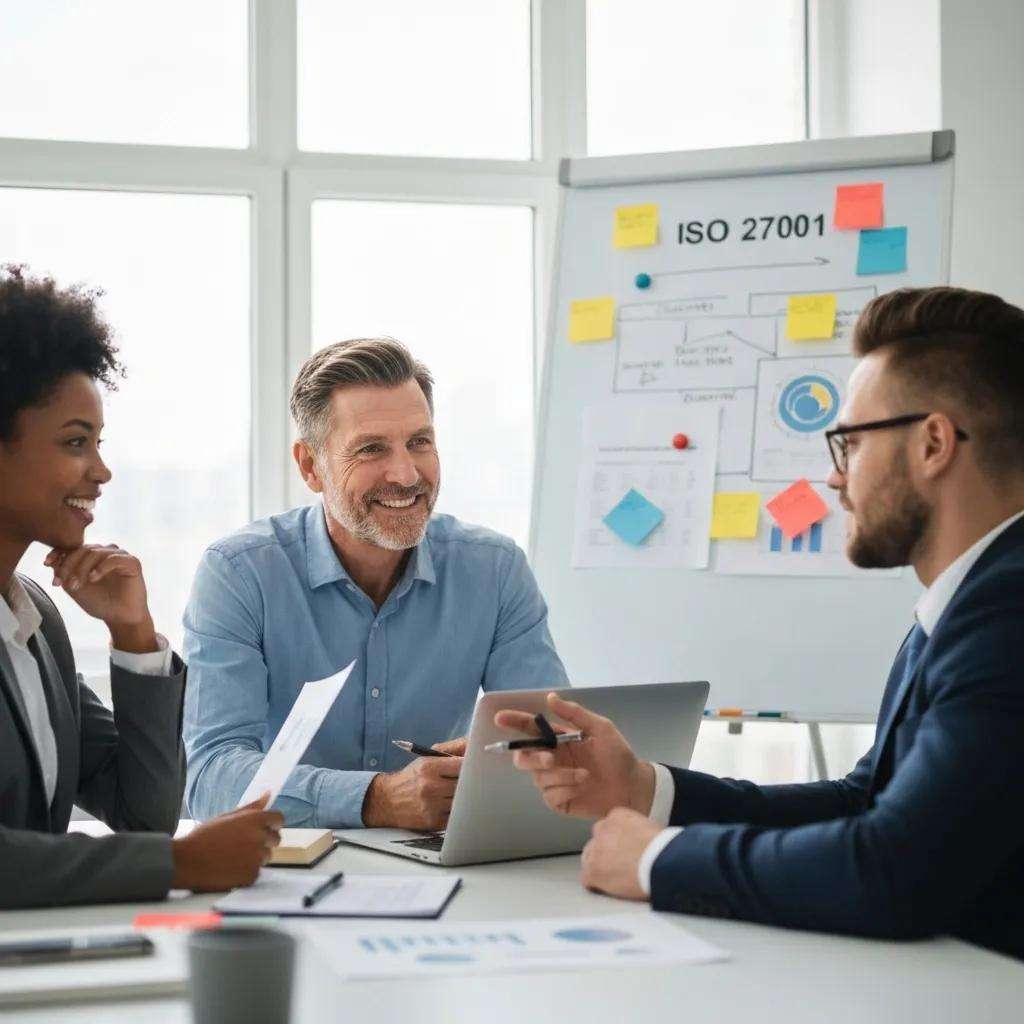 Professionals collaborating on ISO 27001 certification in a modern office setting