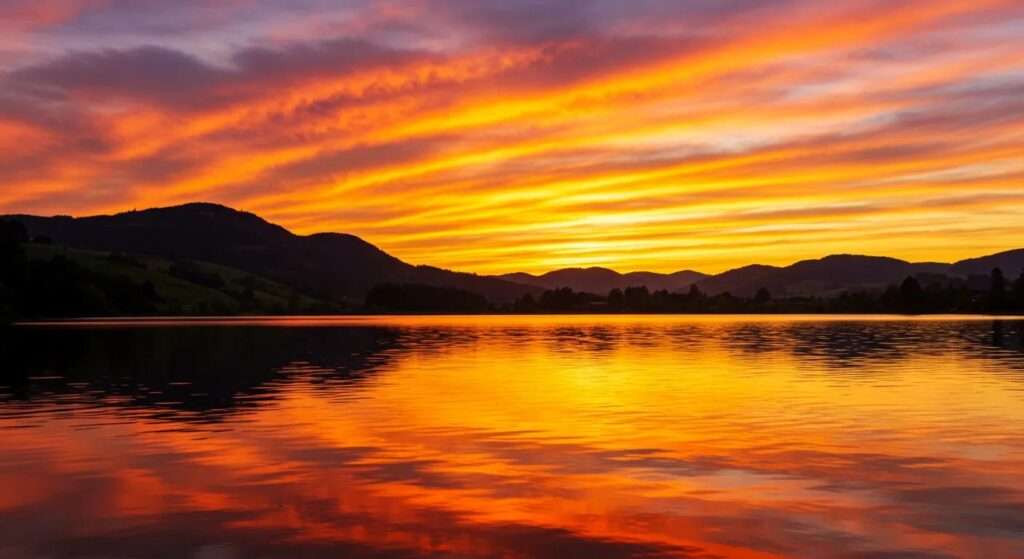 a breathtaking sunset casts a warm golden glow over a serene lake, with vibrant reflections dancing on the water's surface amid lush, green hills.