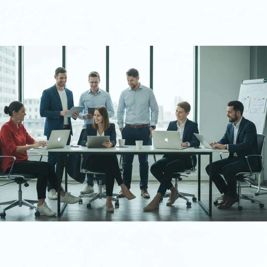 Technology team celebrating the ROI of ISO 9001 certification in a modern office