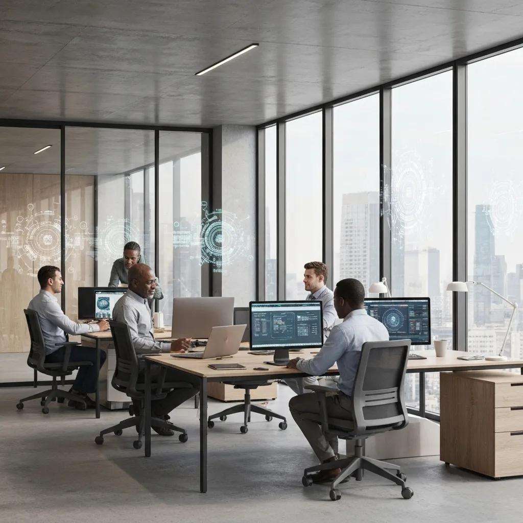 IT professionals collaborating on ISO compliance in a modern office setting