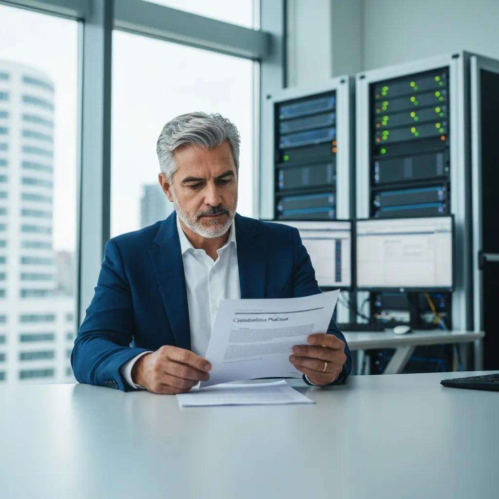 Office environment showcasing cybersecurity elements and security policy review