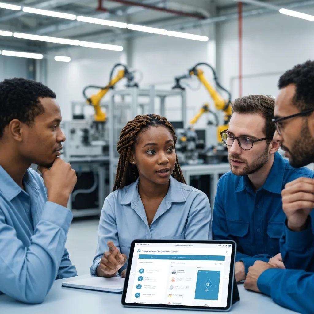 Manufacturing team brainstorming on digital solutions for optimizing ISO 9001 certification costs