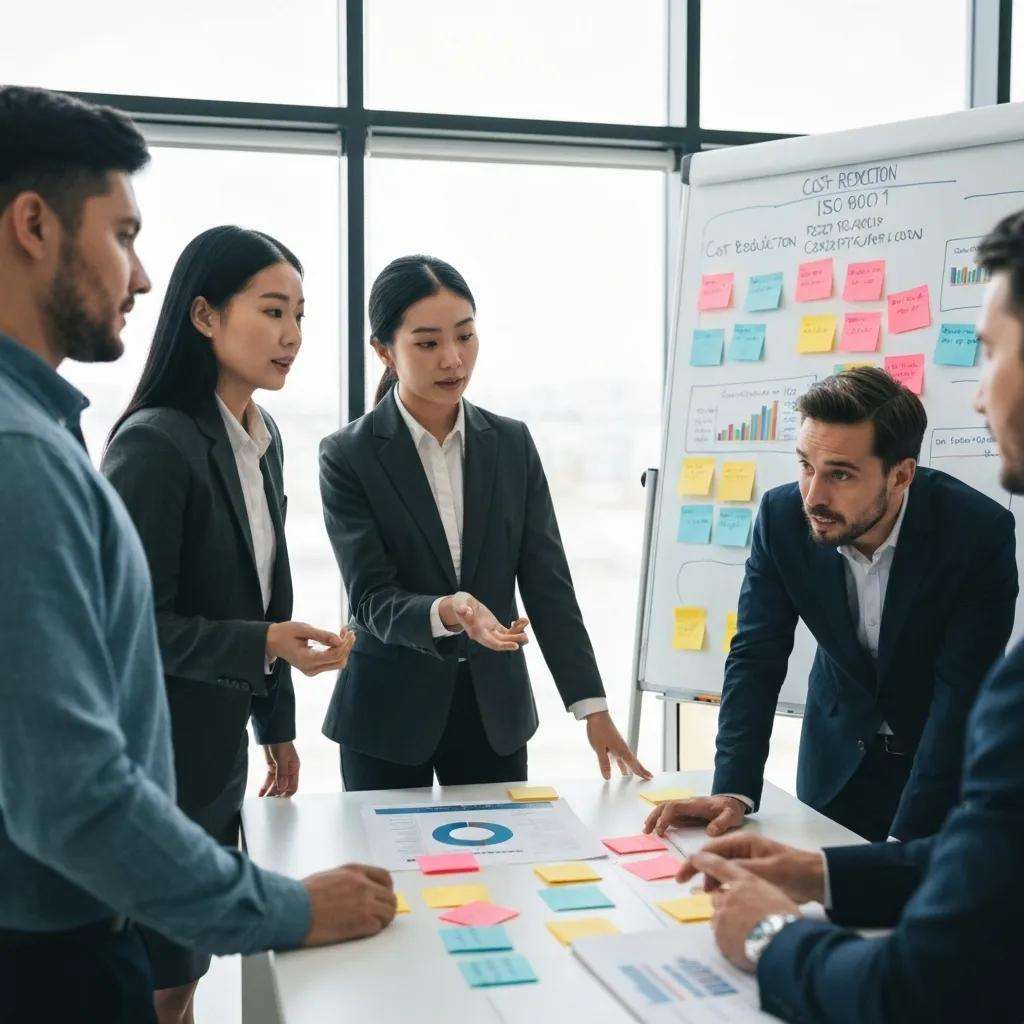 Team brainstorming cost reduction strategies for ISO 9001 certification