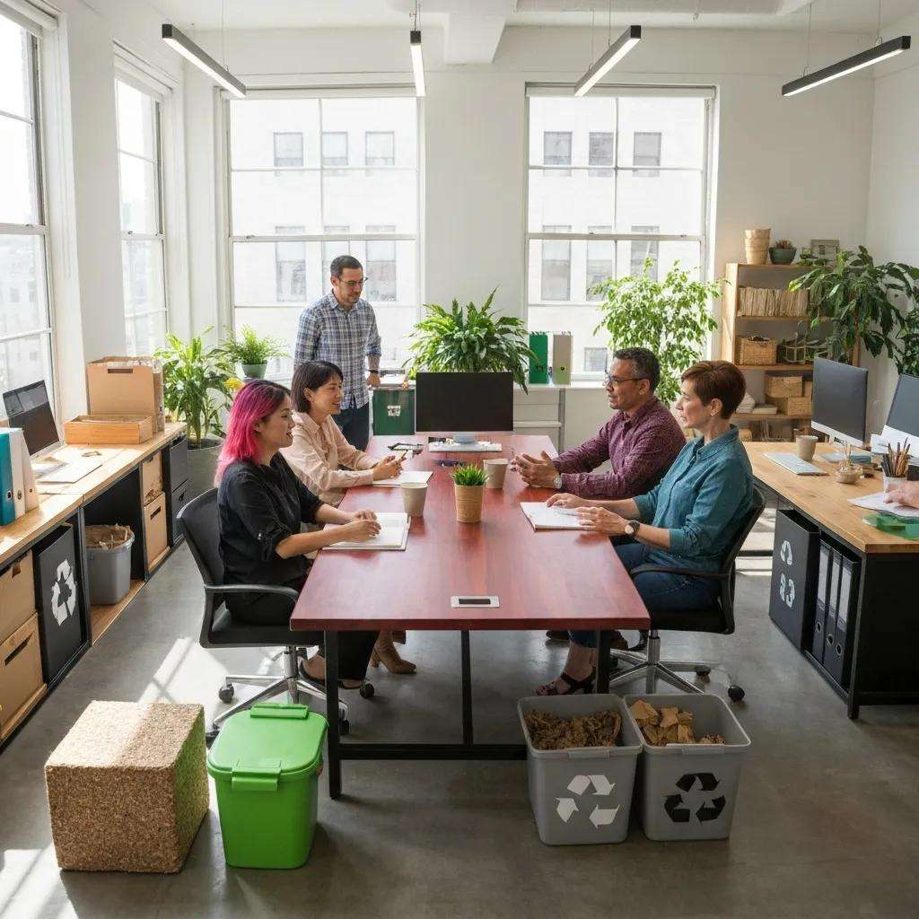 Diverse professionals collaborating on environmental management in a sustainable office setting