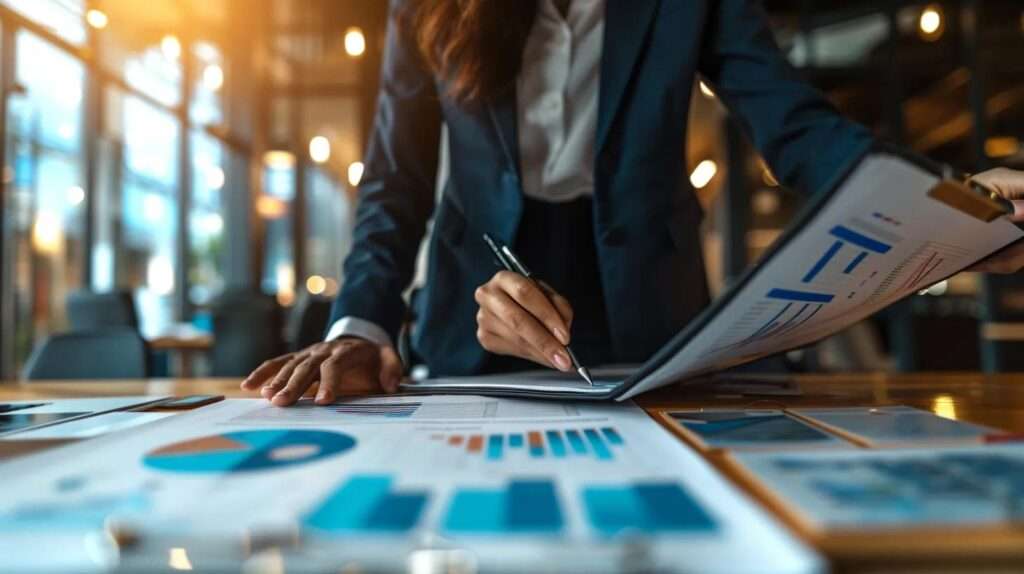 a focused business professional analyzes a detailed gap analysis report in a sleek, modern office, surrounded by charts and graphs that emphasize strategic planning and communication on iso 27001 compliance.