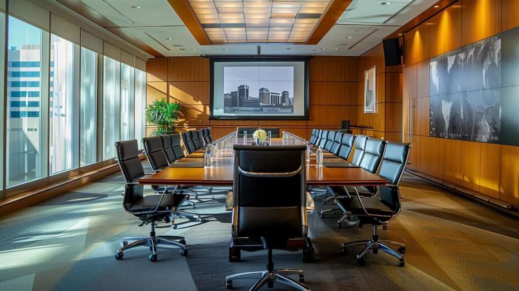 a focused corporate boardroom setting, featuring a dynamic presentation on isms audit preparations with a sleek digital display, engaged professionals reviewing documentation, and visual aids highlighting compliance and improvement processes.