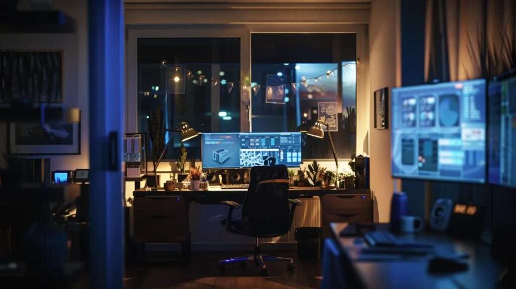 a focused office environment showcases a diverse team engaged in a detailed analysis of iso 27001 controls, surrounded by digital monitors displaying charts and documentation, emphasizing a meticulous approach to risk assessment and compliance.